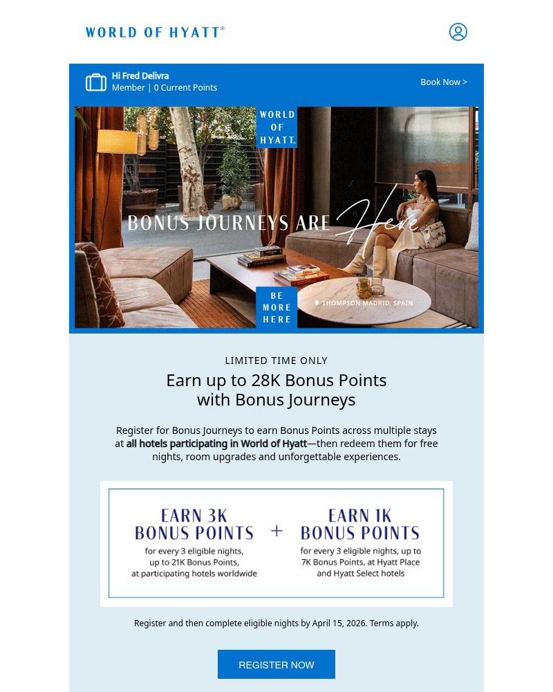 Screenshot of email sent to a Hyatt Hotels and Resorts Registered user