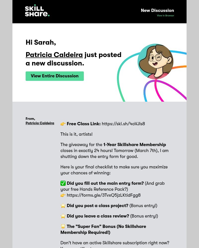 Screenshot of email sent to a Skillshare Registered user