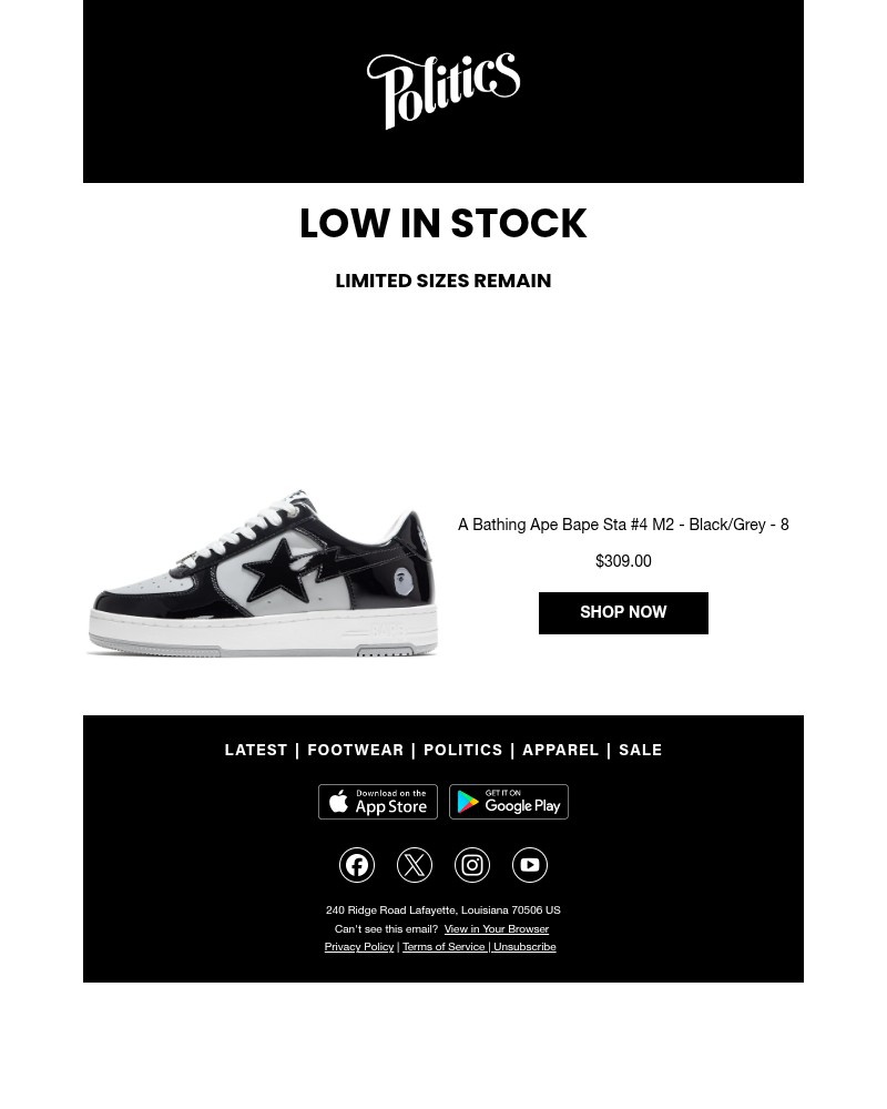 Screenshot of email sent to a Sneaker Politics Newsletter subscriber