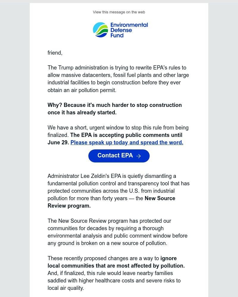 Screenshot of email sent to a Environmental Defense Fund Newsletter subscriber