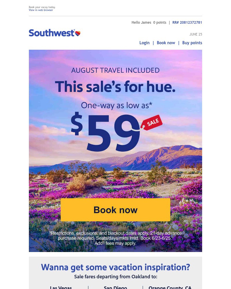 Screenshot of email sent to a Southwest Registered user