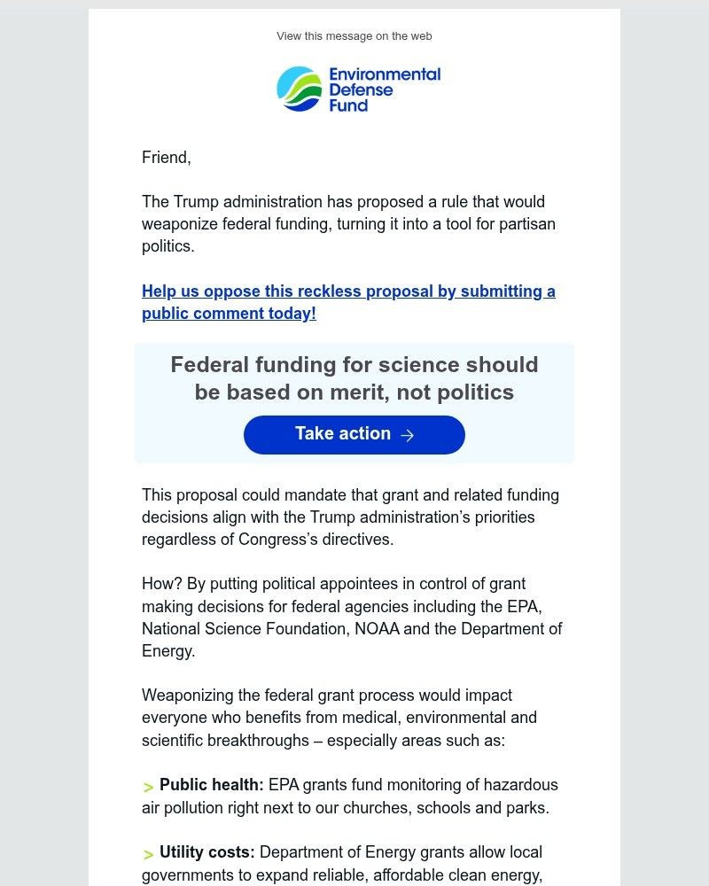 Screenshot of email sent to a Environmental Defense Fund Newsletter subscriber