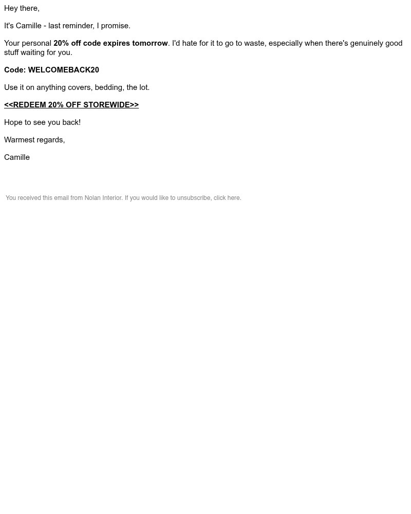 Screenshot of email sent to a Nolan Interior Newsletter subscriber