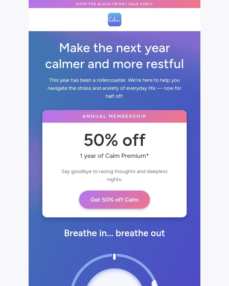 Screenshot of email sent to a Calm Registered user