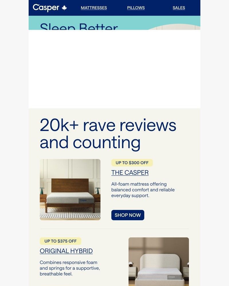 Screenshot of email sent to a Casper Newsletter subscriber