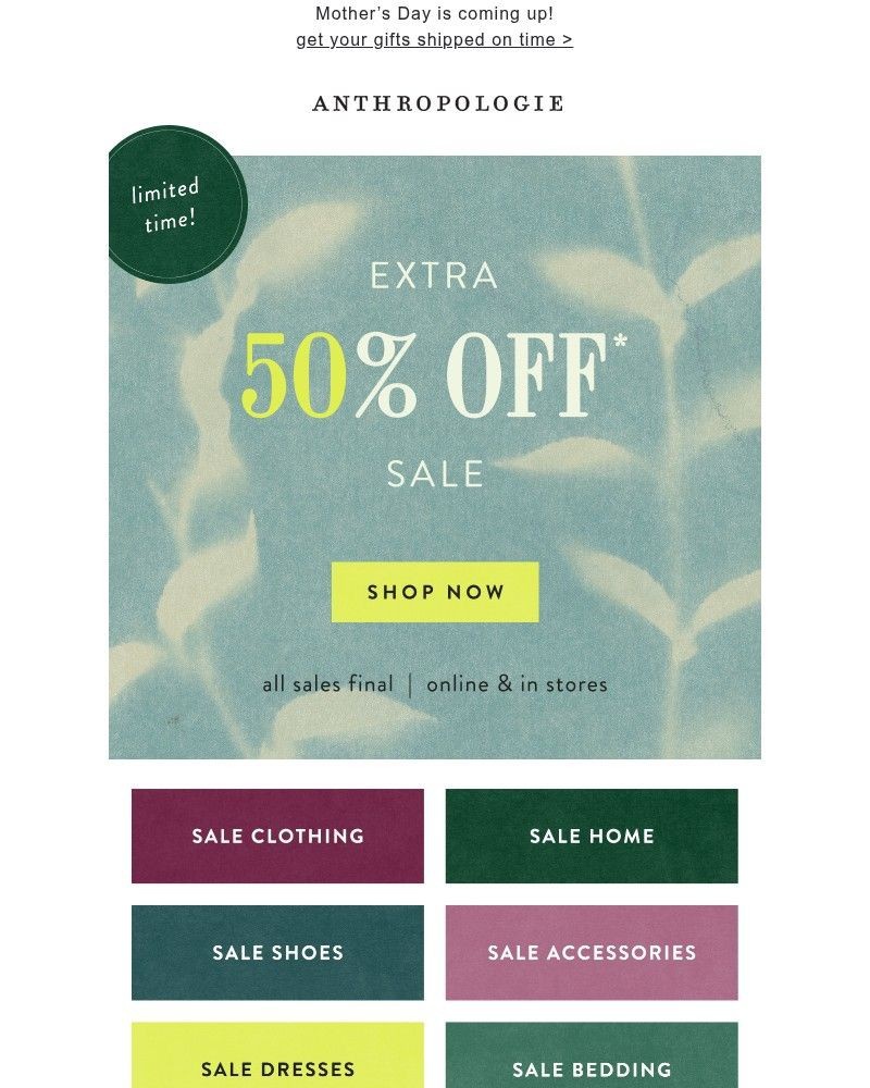 Screenshot of email sent to a Anthropologie Newsletter subscriber