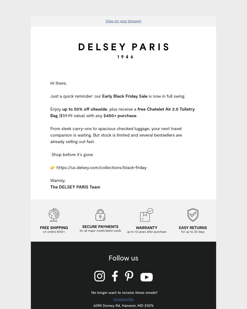 Screenshot of email sent to a Delsey Paris Newsletter subscriber