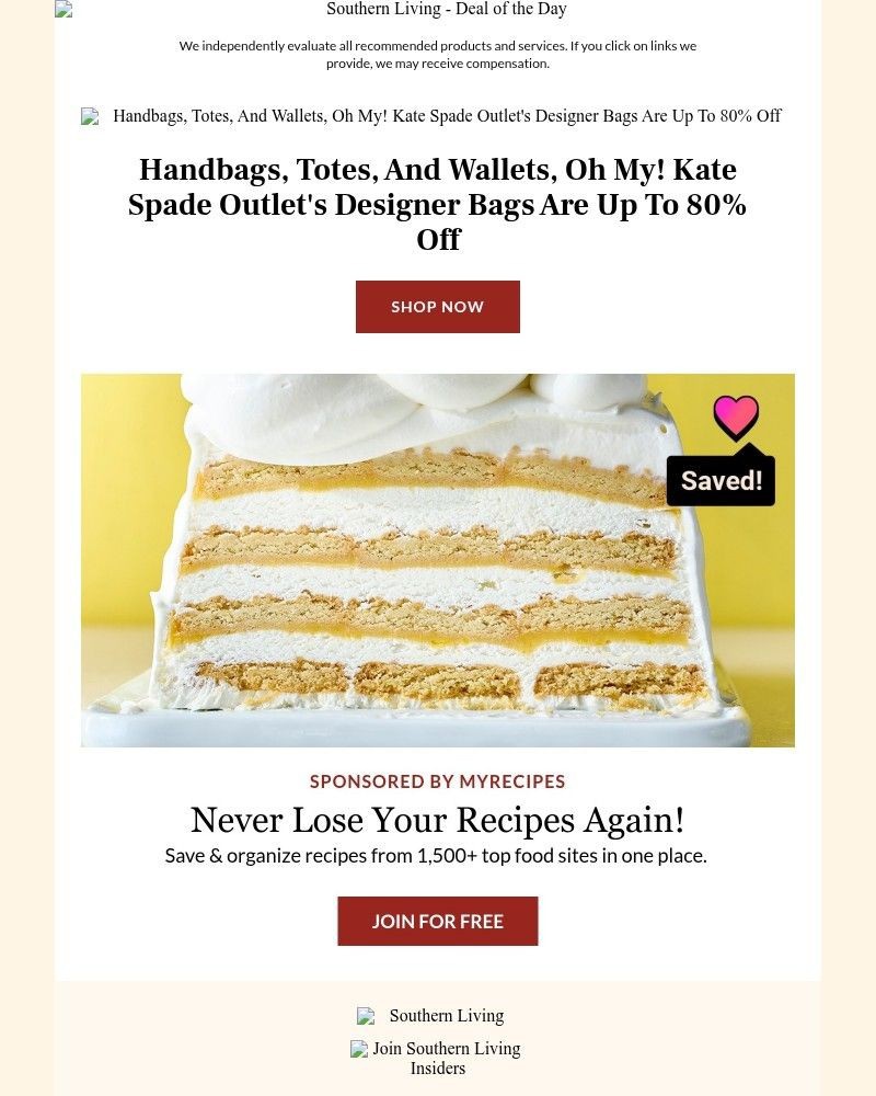 Screenshot of email sent to a Southern Living Newsletter subscriber