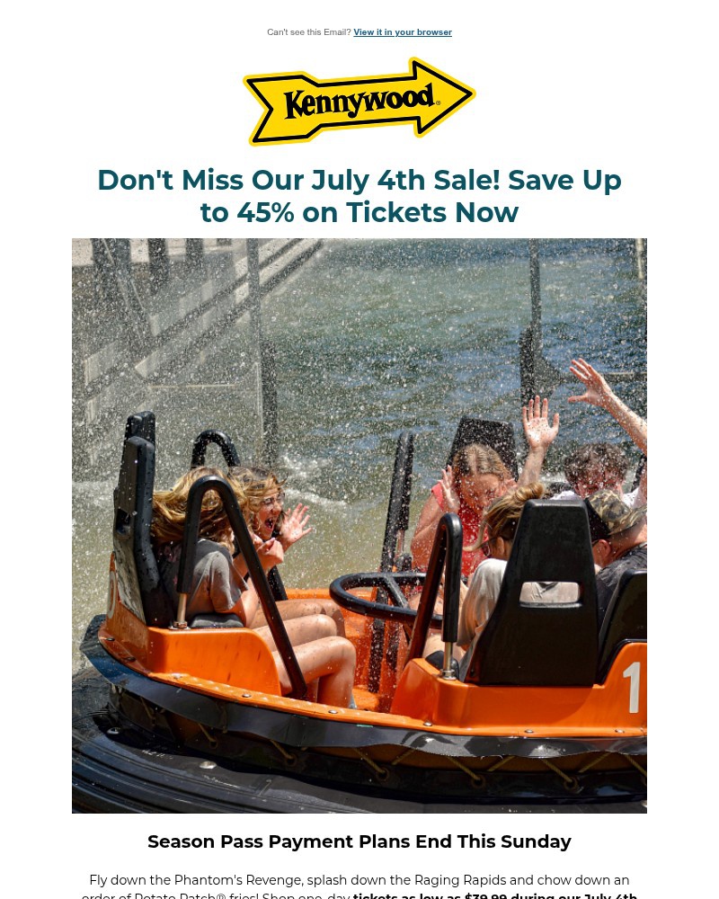 Screenshot of email sent to a Kennywood Newsletter subscriber