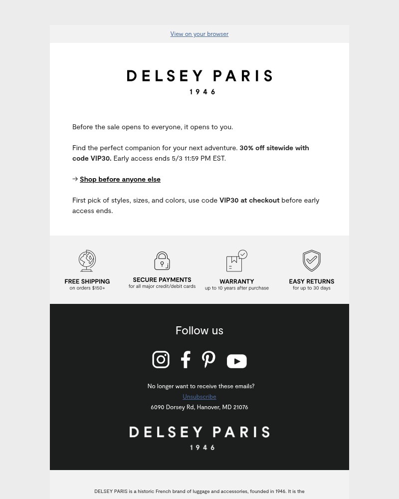 Screenshot of email sent to a Delsey Paris Newsletter subscriber