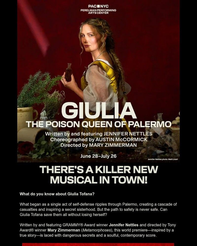 Screenshot of email sent to a Perelman Performing Arts Center (PAC NYC) Newsletter subscriber