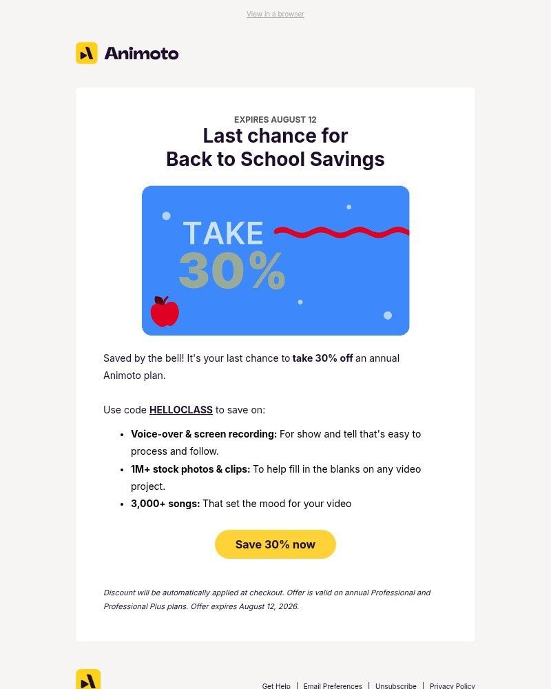 Screenshot of email sent to a Animoto Registered user