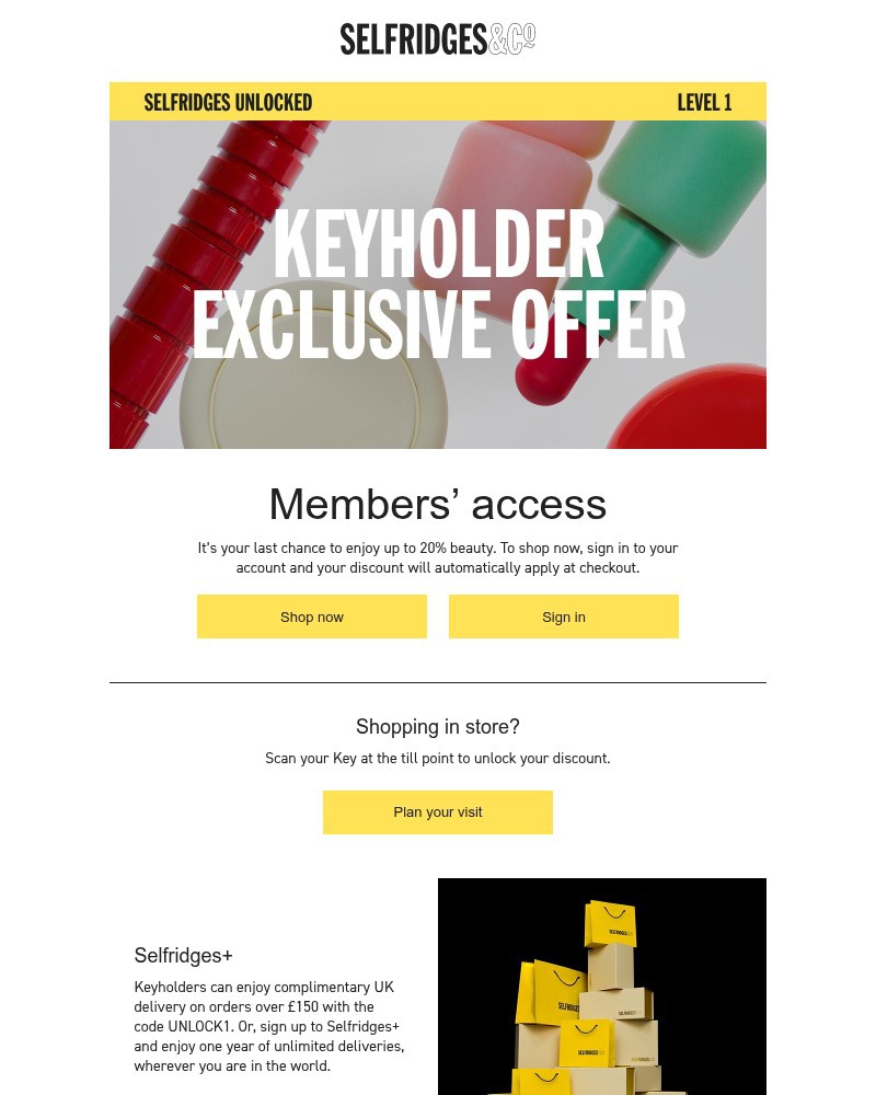 Screenshot of email sent to a Selfridges Newsletter subscriber