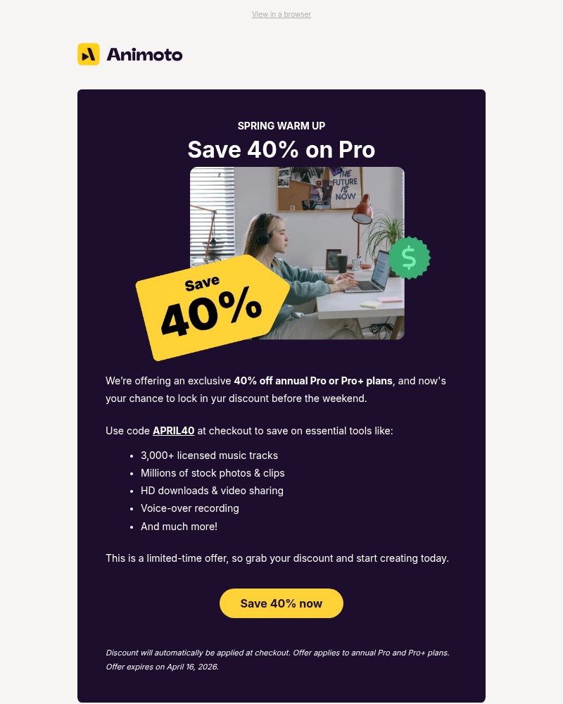 Screenshot of email sent to a Animoto Registered user