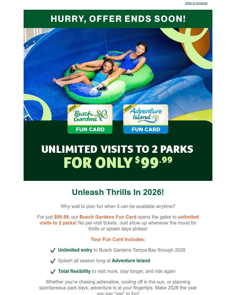 Screenshot of email sent to a Busch Gardens Newsletter subscriber
