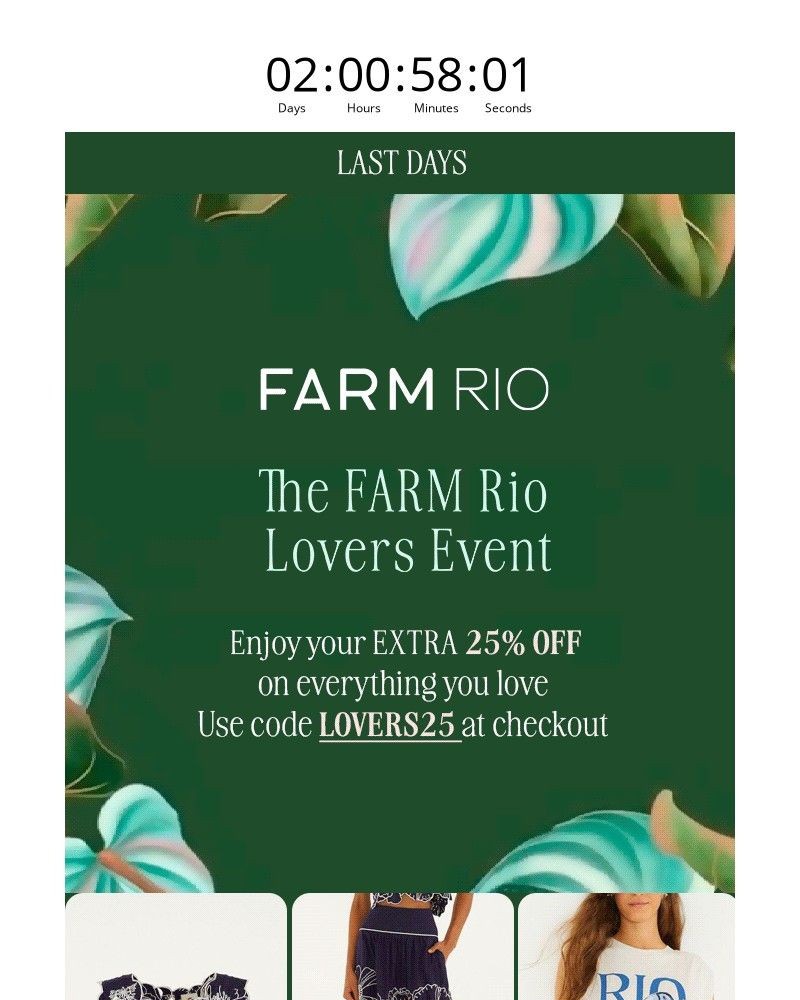 Screenshot of email sent to a Farm Rio Newsletter subscriber