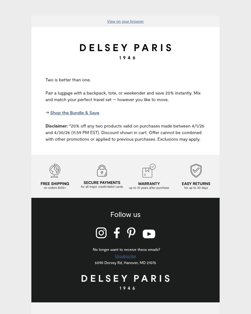 Screenshot of email sent to a Delsey Paris Newsletter subscriber