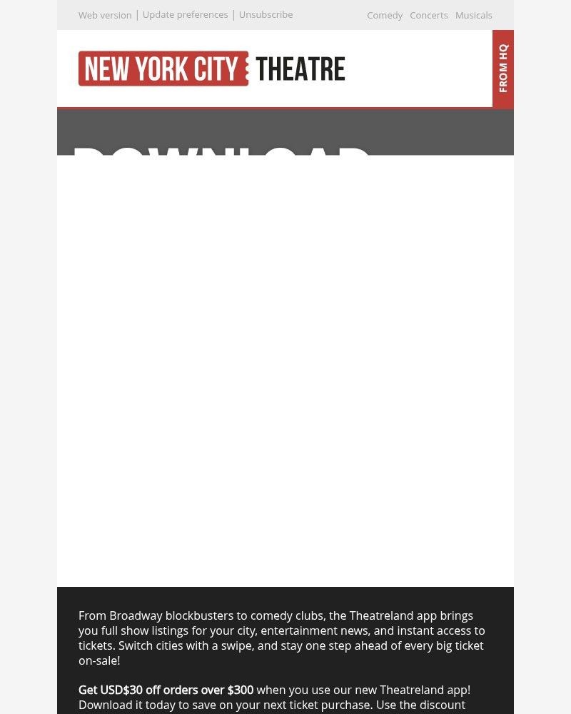 Screenshot of email sent to a New York City Theatre Newsletter subscriber