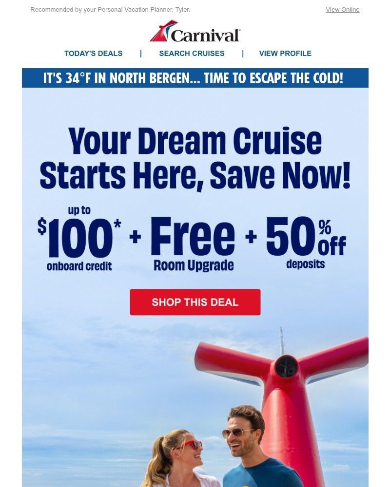 Screenshot of email sent to a Carnival Cruise Line Registered user
