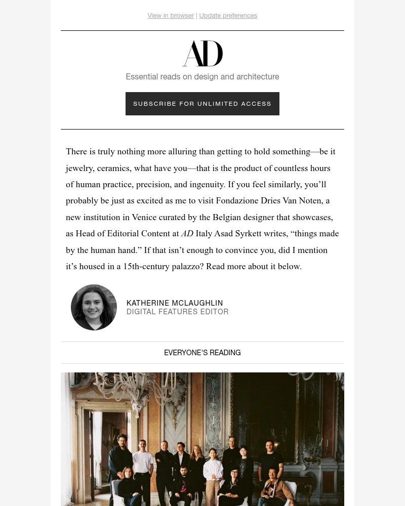 Screenshot of email sent to a Architectural Digest Newsletter subscriber