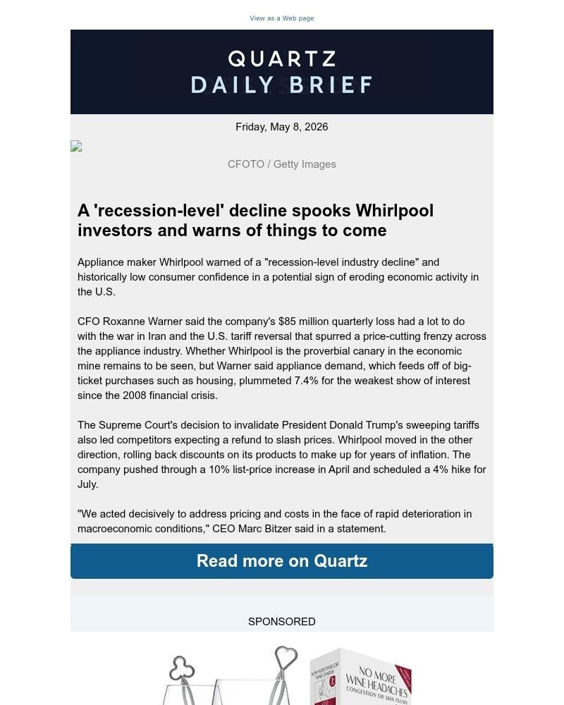Screenshot of email sent to a Quartz Newsletter subscriber