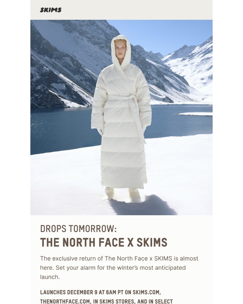 Screenshot of email with subject /media/emails/drops-tomorrow-the-north-face-x-skims-f74c52-cropped-ec4fd591.jpg