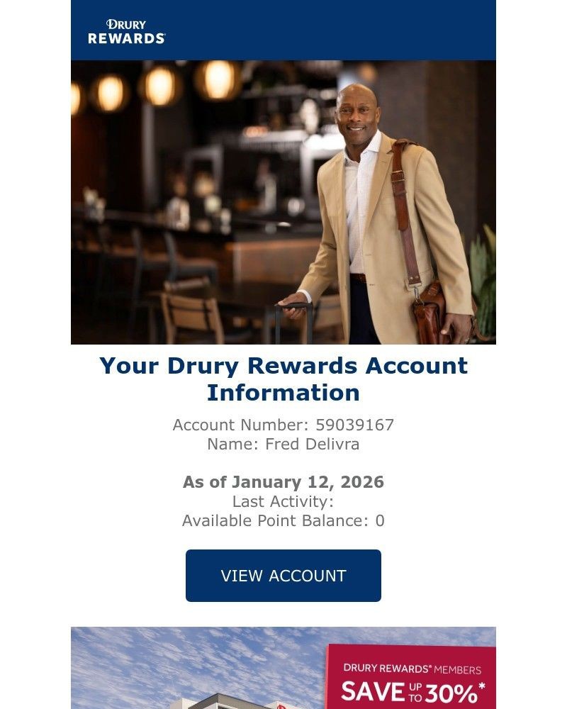 Screenshot of email sent to a Drury Hotels Registered user