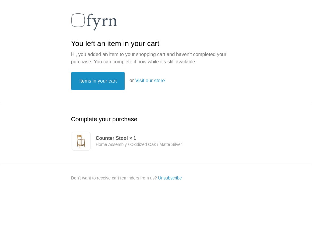 Screenshot of email sent to a Fyrn Cart abandoner