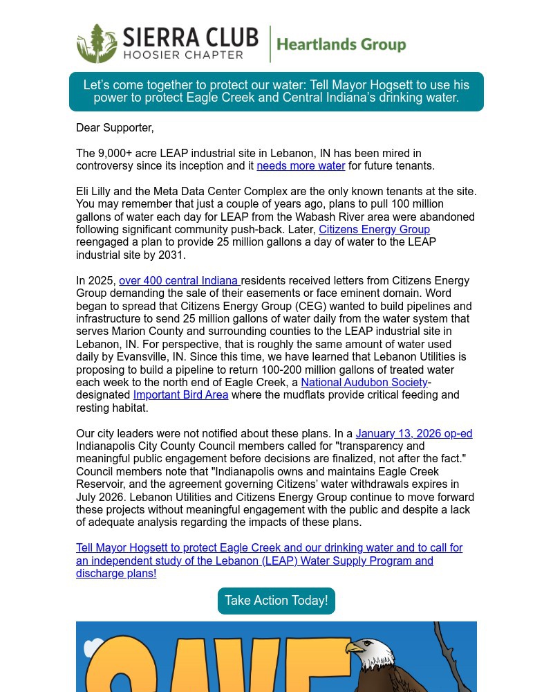 Screenshot of email sent to a Sierra Club Newsletter subscriber