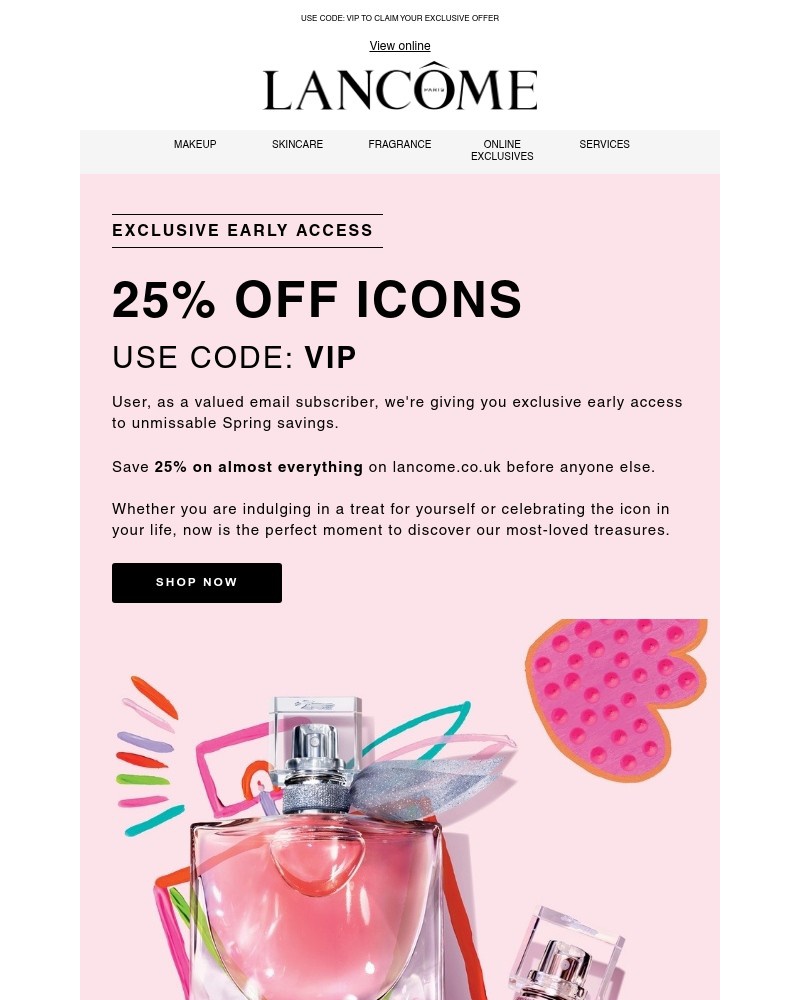 Screenshot of email sent to a Lancôme Newsletter subscriber