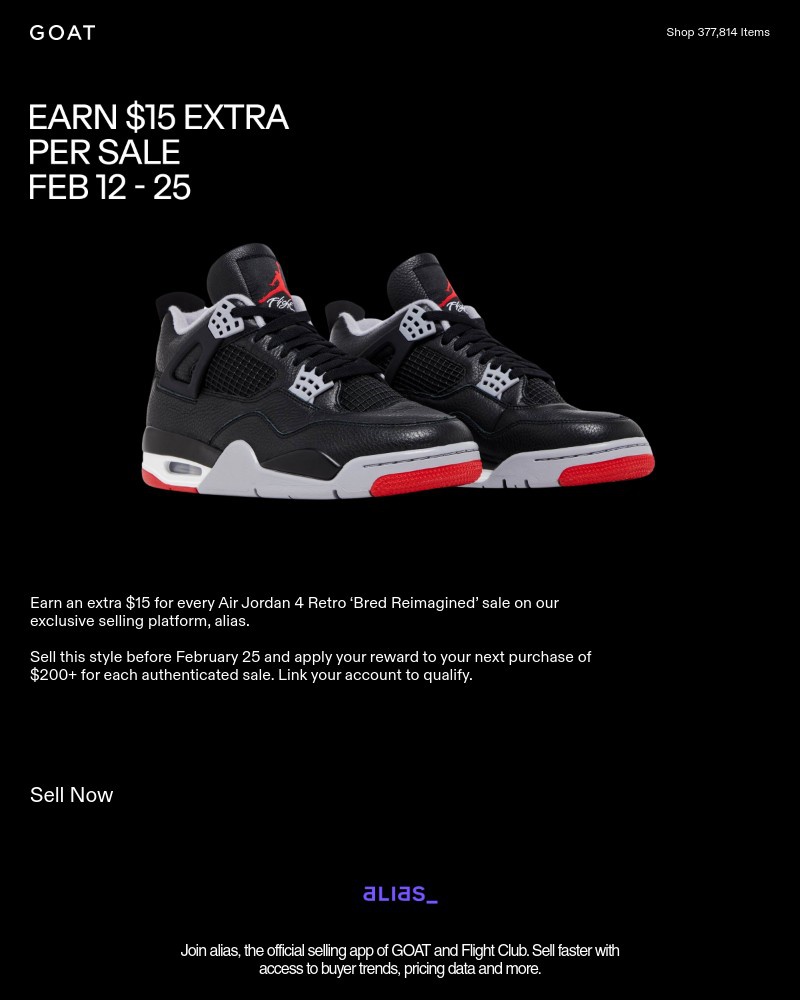 Screenshot of email with subject /media/emails/earn-15-extra-on-every-aj4-bred-reimagined-sale-05b5d5-cropped-b7545ebd.jpg
