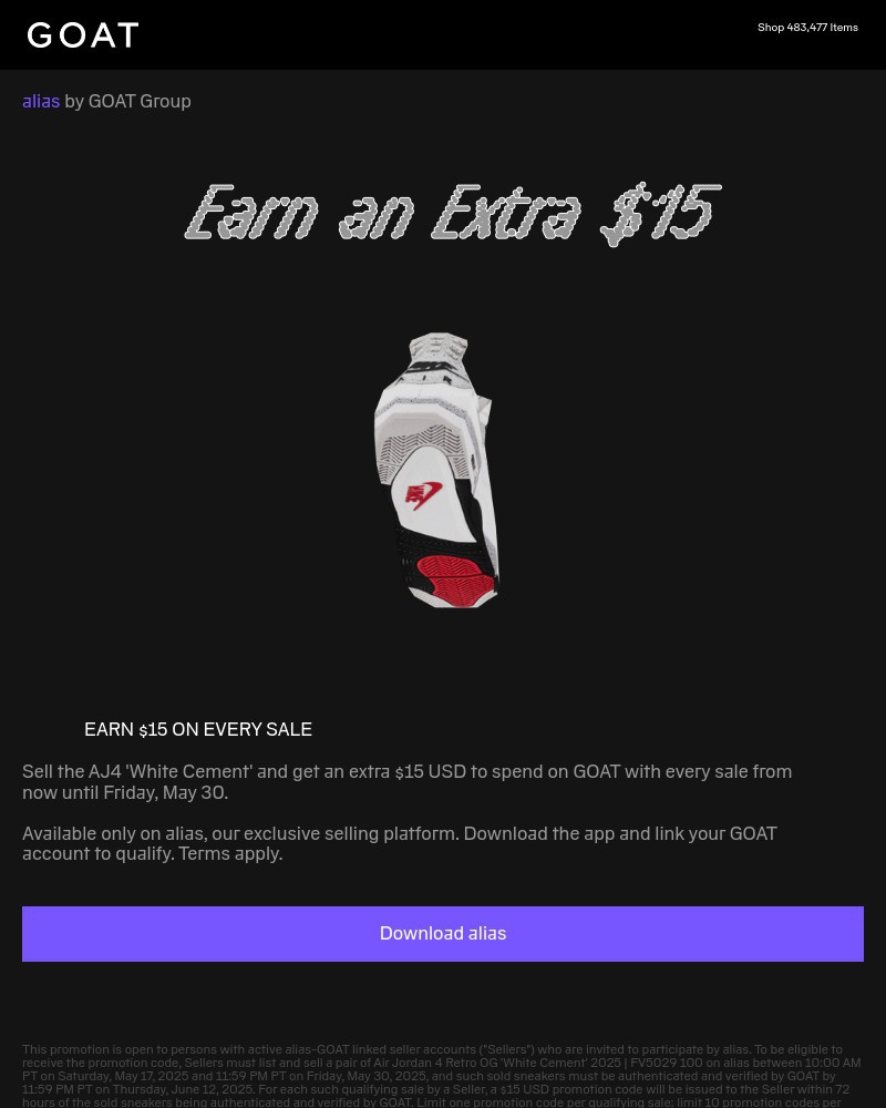 Screenshot of email with subject /media/emails/earn-15-on-every-aj4-white-cement-sale-905600-cropped-a79968a1.jpg