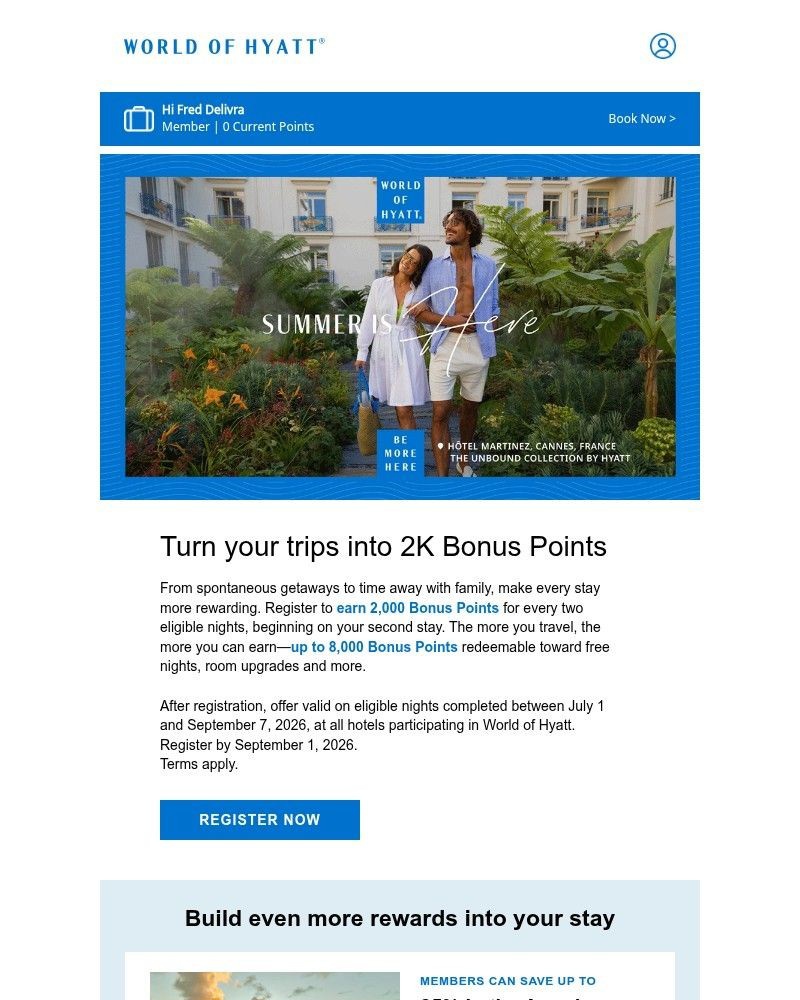 Screenshot of email sent to a Hyatt Hotels and Resorts Registered user