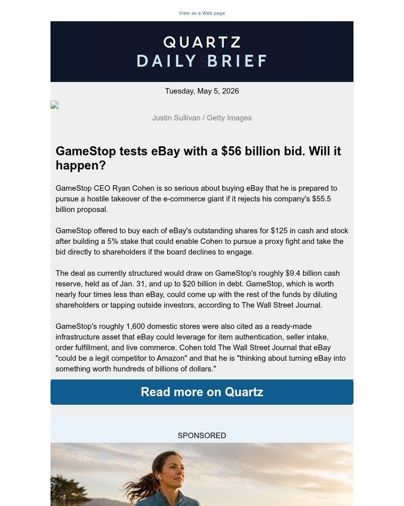 Screenshot of email sent to a Quartz Newsletter subscriber