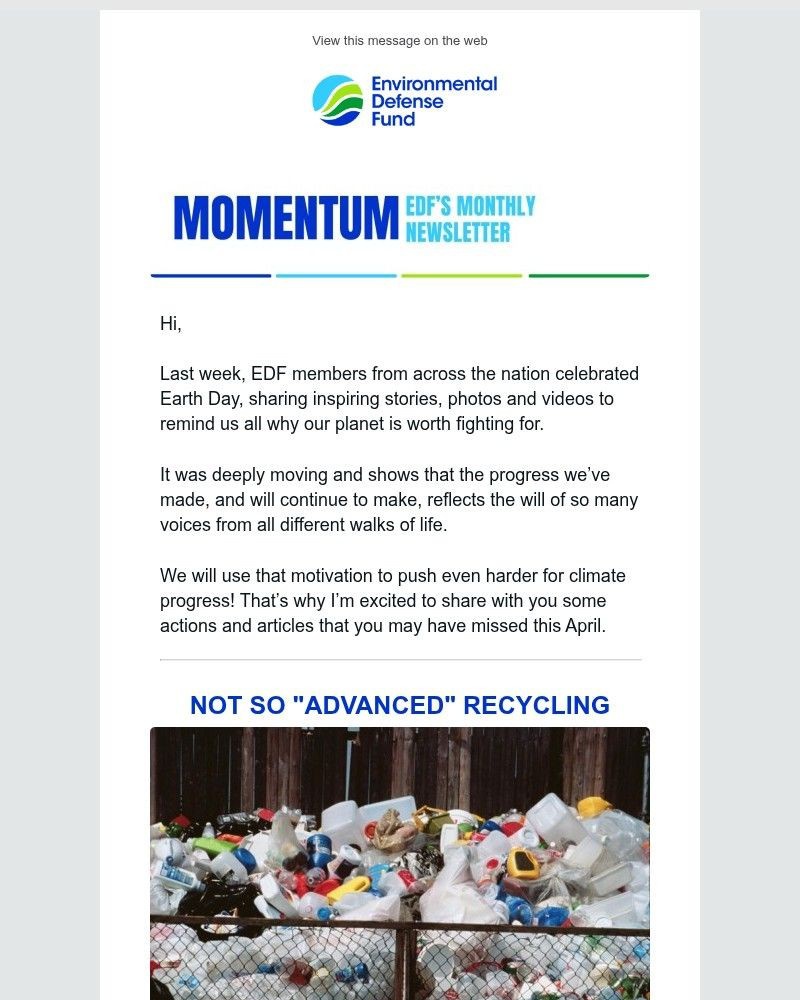 Screenshot of email sent to a Environmental Defense Fund Newsletter subscriber