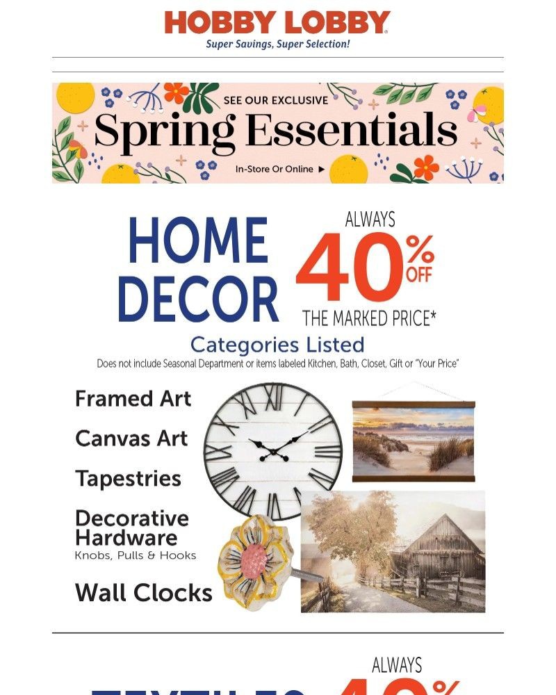 Screenshot of email sent to a Hobby Lobby Newsletter subscriber