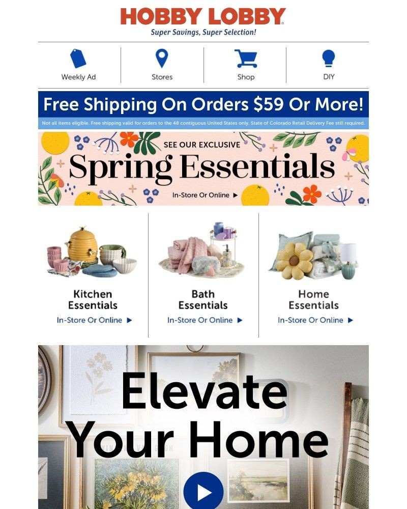 Screenshot of email sent to a Hobby Lobby Newsletter subscriber