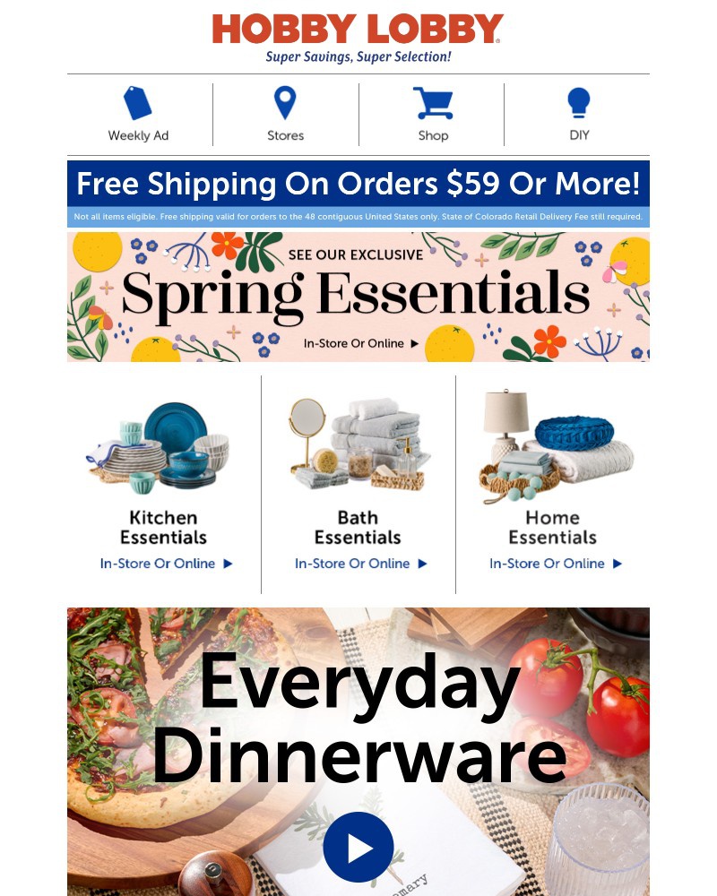 Screenshot of email sent to a Hobby Lobby Newsletter subscriber