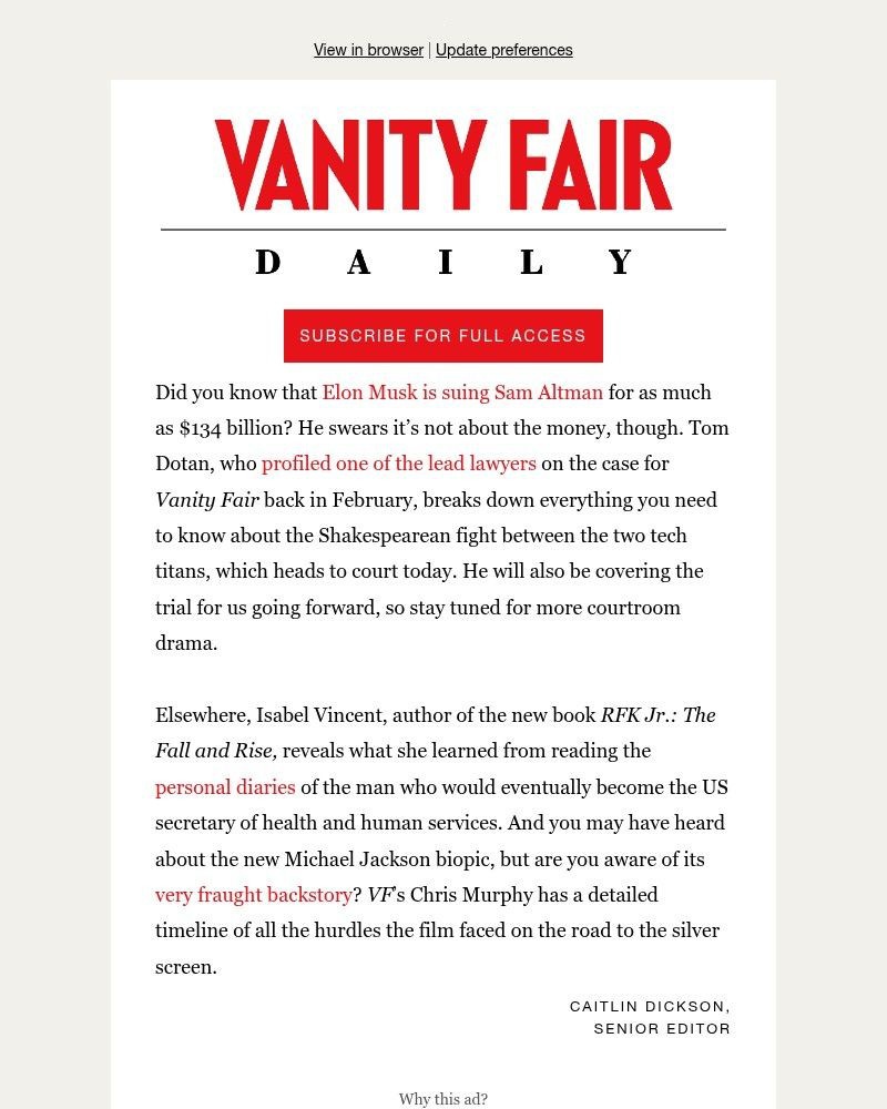 Screenshot of email sent to a Vanity Fair Newsletter subscriber