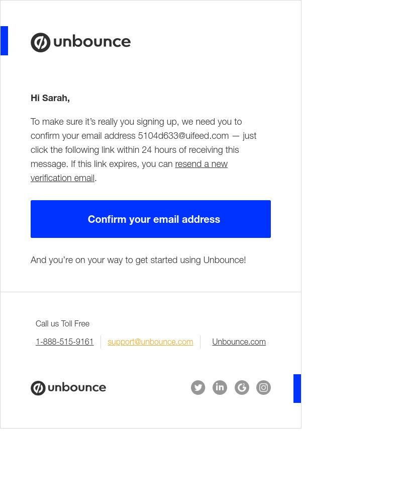 Screenshot of email sent to a Unbounce Trial user