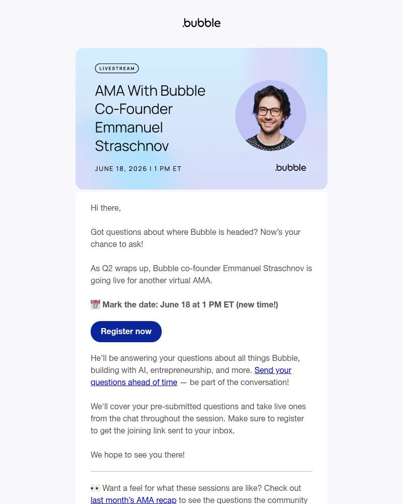 Screenshot of email sent to a Bubble Registered user