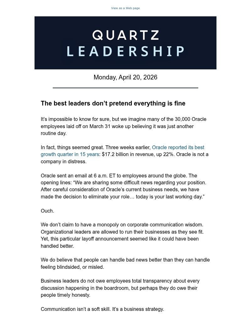 Screenshot of email sent to a Quartz Newsletter subscriber