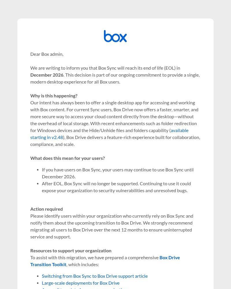 Screenshot of email sent to a Box Registered user