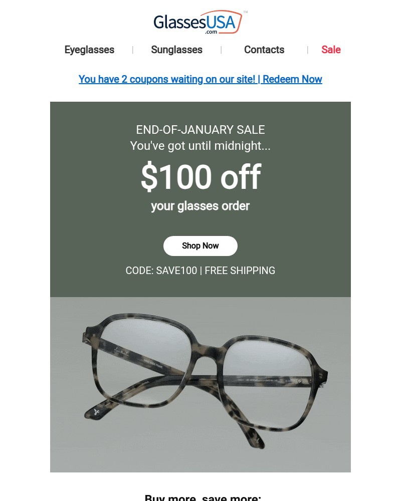 Screenshot of email sent to a Glasses USA Newsletter subscriber