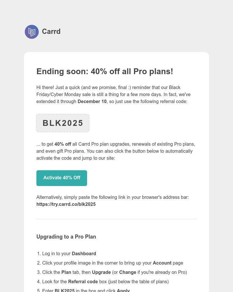 Screenshot of email sent to a Carrd Registered user