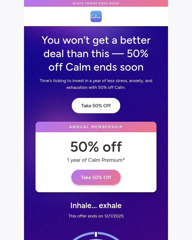 Screenshot of email sent to a Calm Registered user