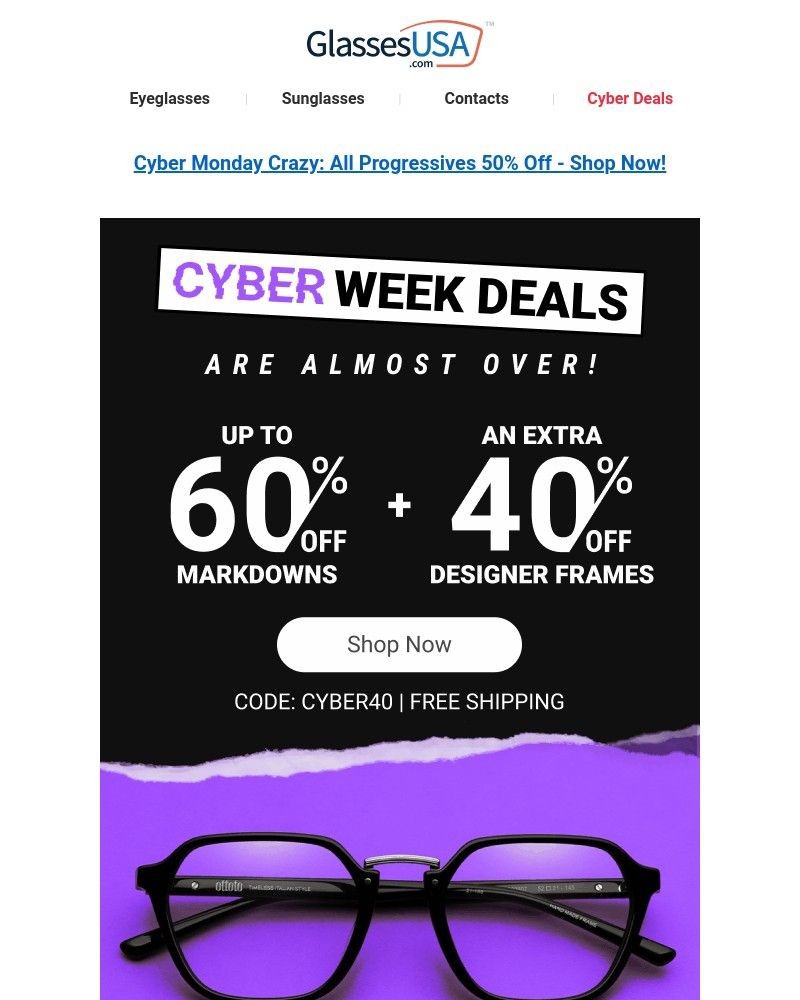 Screenshot of email sent to a Glasses USA Newsletter subscriber