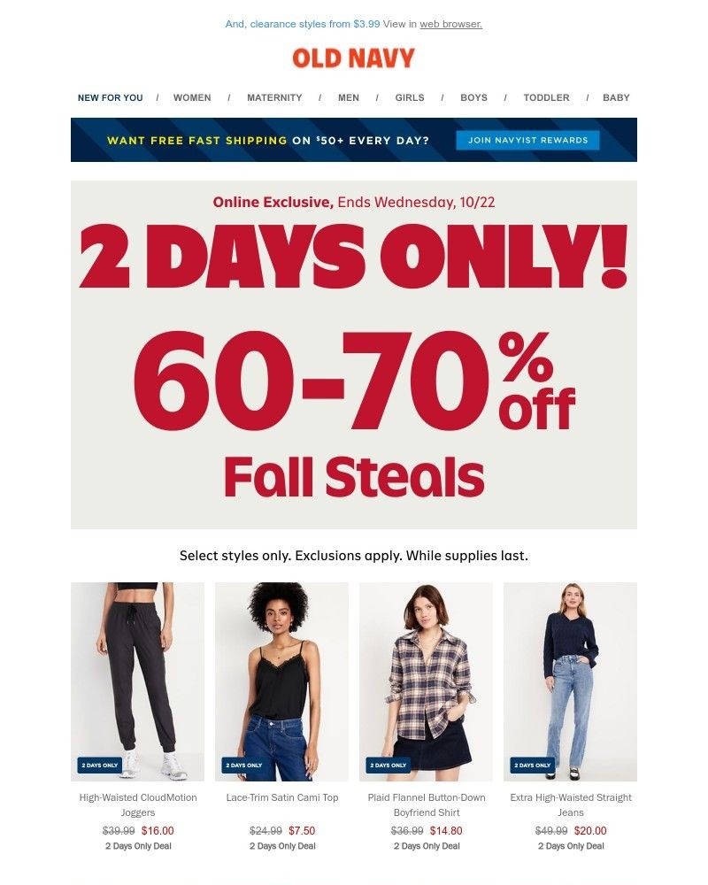 Screenshot of email sent to a Old Navy Newsletter subscriber