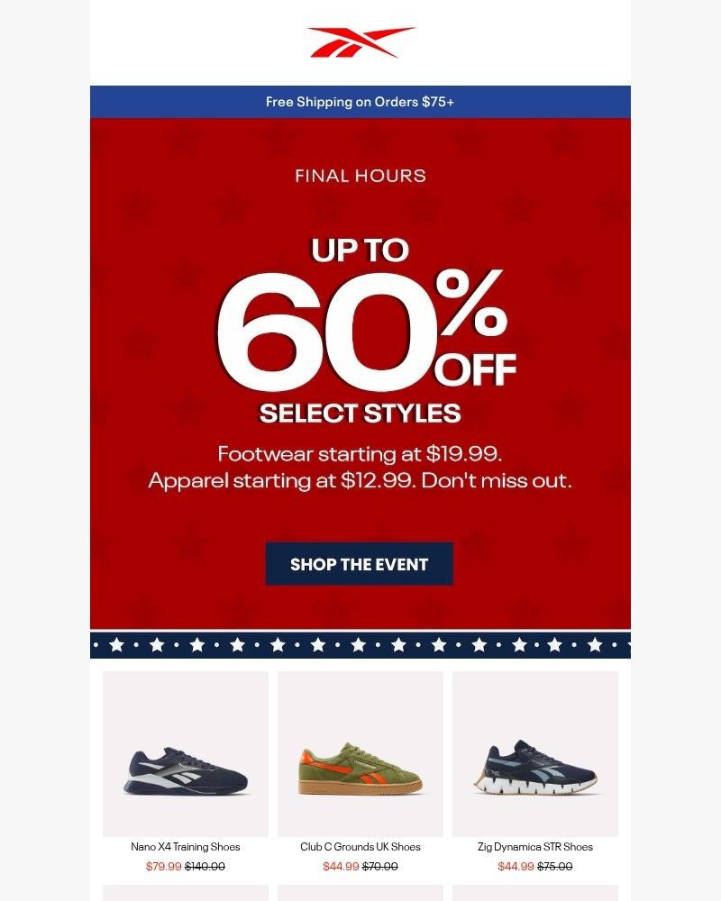 Screenshot of email sent to a Reebok Newsletter subscriber