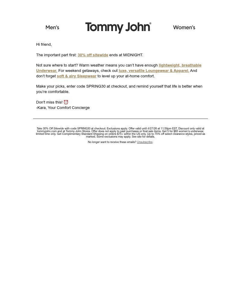 Screenshot of email sent to a Tommy John Newsletter subscriber